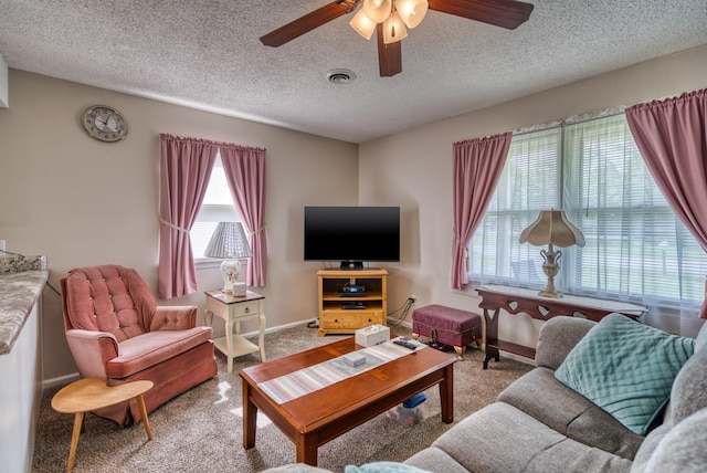 825 Oak St, Franklin, KY 42134 - carpeted living room with ceiling fan, a textured ceiling, and baseboards
