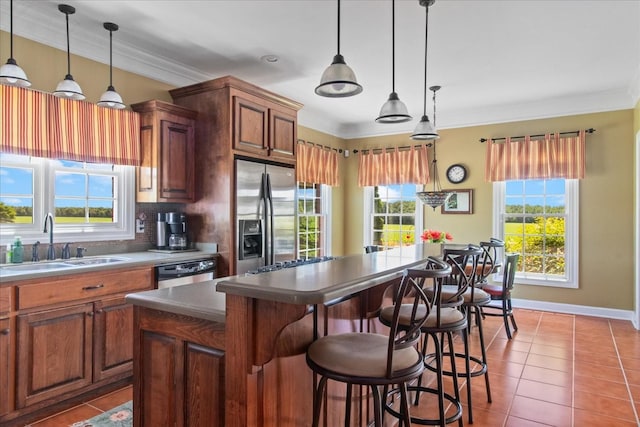 95 Country Ln, Lawrenceburg, TN 38464 - kitchen with appliances with stainless steel finishes, a sink, tile patterned flooring, healthy amount of natural light, and ornamental molding
