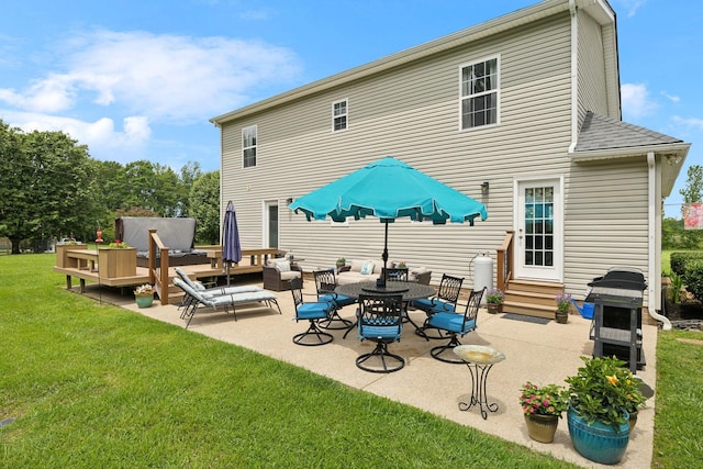 2917 York Rd, Pleasant View, TN 37146 - rear view of property with entry steps, an outdoor living space, a lawn, and a patio area