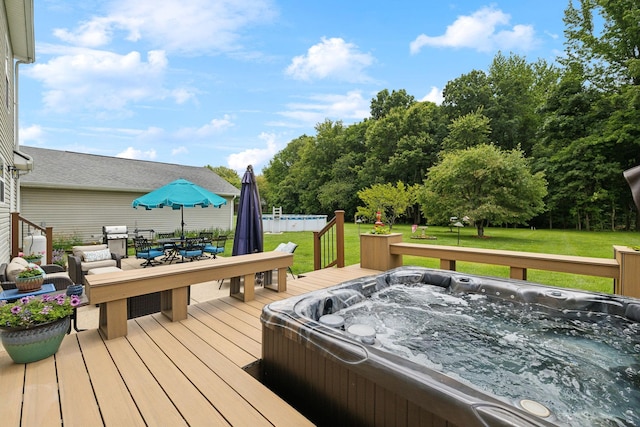 2917 York Rd, Pleasant View, TN 37146 - wooden terrace with a hot tub, a lawn, outdoor dining area, and a grill