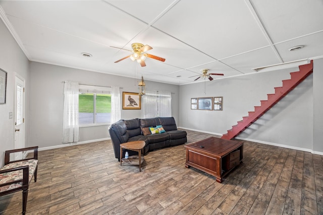 255 Whispering Hills Dr, Dover, TN 37058 - living room featuring ceiling fan, wood finished floors, baseboards, and stairway