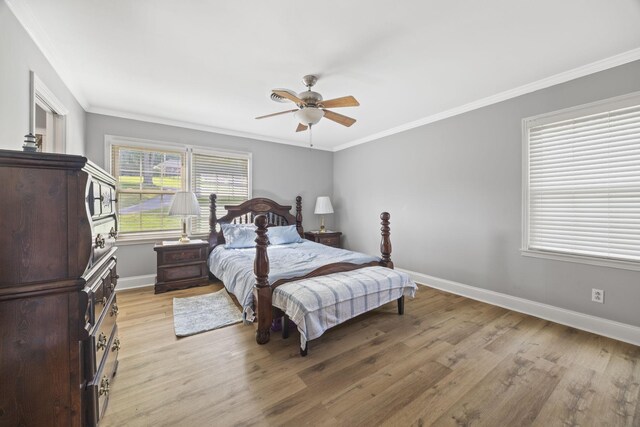 255 Whispering Hills Dr, Dover, TN 37058 - bedroom featuring baseboards, light wood finished floors, ornamental molding, and ceiling fan