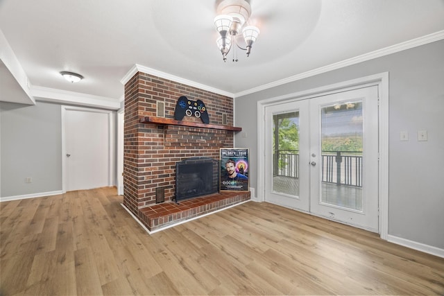 255 Whispering Hills Dr, Dover, TN 37058 - unfurnished living room with wood finished floors, french doors, crown molding, a fireplace, and baseboards