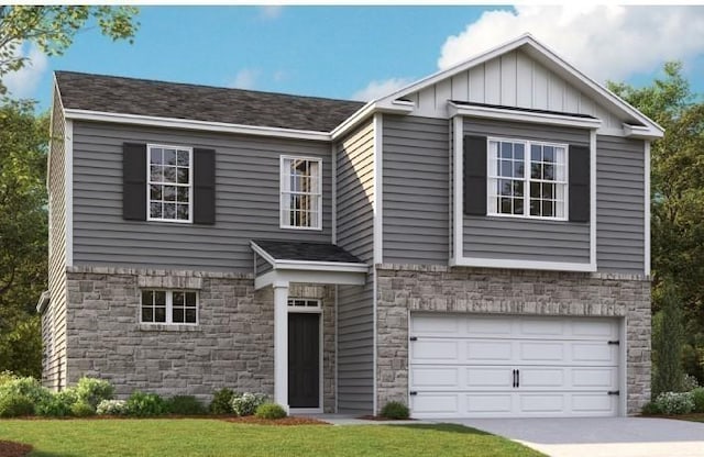 1719 Wren Way, Lebanon, TN 37087 - view of front of home with stone siding, an attached garage, driveway, a front lawn, and board and batten siding