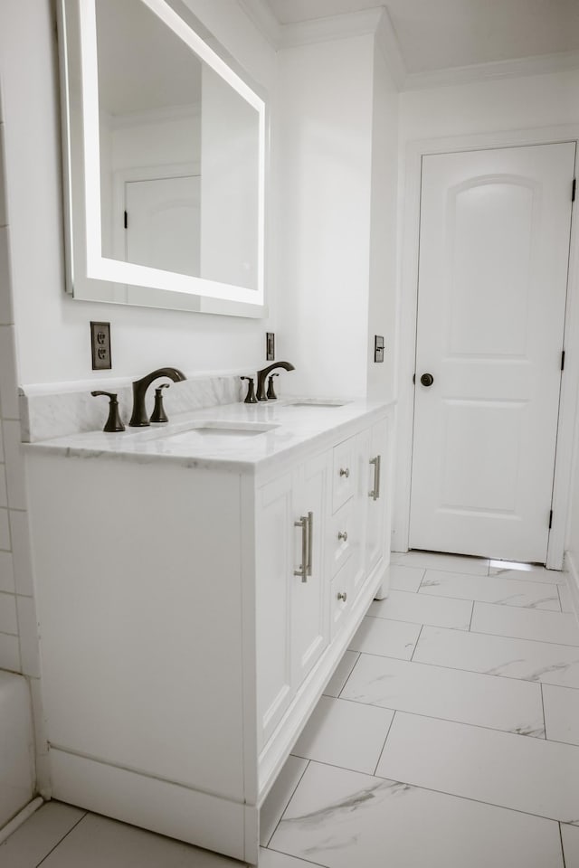 254 Shane Lee Cir, Dover, TN 37058 - bathroom featuring vanity, crown molding, and marble look tiles