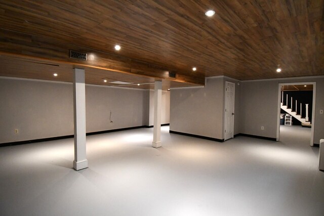 13276 Old Baxter Rd, Silver Point, TN 38582 - finished basement featuring wood ceiling, baseboards, stairway, and recessed lighting