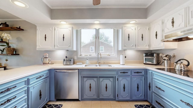 305 Rolling Mill Rd, Old Hickory, TN 37138 - kitchen with dishwasher, a sink, exhaust hood, white cabinets, and ornamental molding