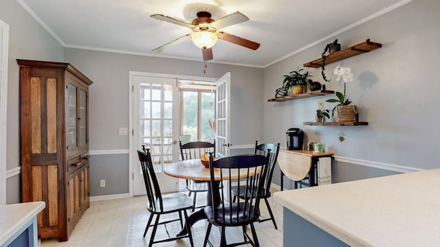 305 Rolling Mill Rd, Old Hickory, TN 37138 - dining area featuring light floors, ceiling fan, ornamental molding, and baseboards