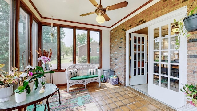 305 Rolling Mill Rd, Old Hickory, TN 37138 - sunroom with brick wall, a ceiling fan, crown molding, and baseboards