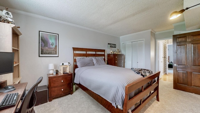 305 Rolling Mill Rd, Old Hickory, TN 37138 - bedroom with a closet, a textured ceiling, crown molding, and light carpet