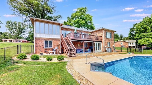 305 Rolling Mill Rd, Old Hickory, TN 37138 - rear view of property with a wooden deck, central air condition unit, brick siding, a patio, and stairway