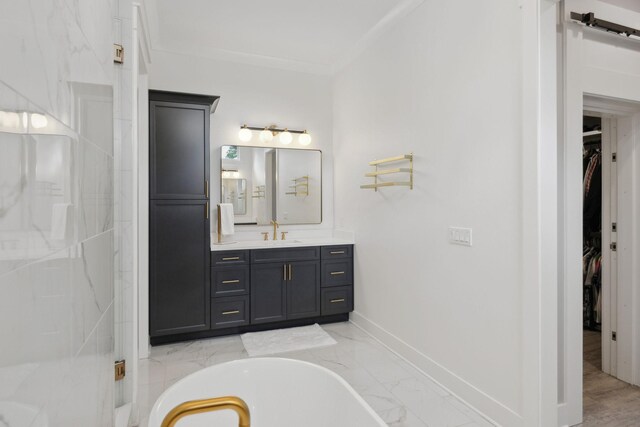 2648 Wilson Overall Rd, Murfreesboro, TN 37127 - full bathroom featuring a spacious closet, vanity, a soaking tub, baseboards, and crown molding