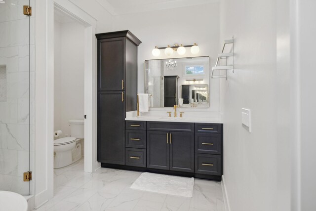 2648 Wilson Overall Rd, Murfreesboro, TN 37127 - bathroom featuring marble finish flooring, toilet, vanity, a shower stall, and baseboards