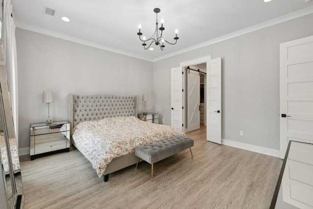 2648 Wilson Overall Rd, Murfreesboro, TN 37127 - bedroom featuring a chandelier, light wood-style flooring, ornamental molding, recessed lighting, and baseboards