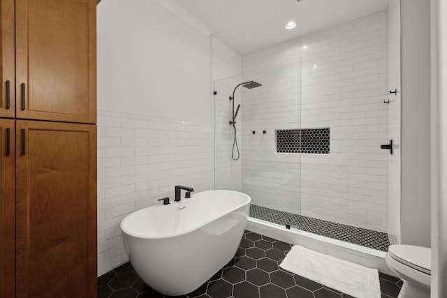 2648 Wilson Overall Rd, Murfreesboro, TN 37127 - bathroom featuring tile walls, a shower stall, a soaking tub, recessed lighting, and toilet