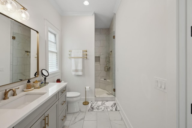 2648 Wilson Overall Rd, Murfreesboro, TN 37127 - bathroom with vanity, marble look tile flooring, a shower stall, toilet, and baseboards
