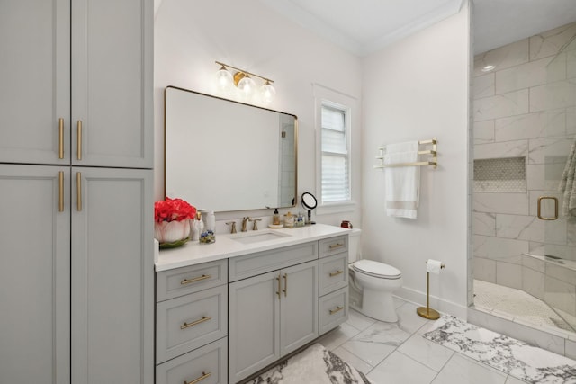 2648 Wilson Overall Rd, Murfreesboro, TN 37127 - bathroom with marble look tiles, a stall shower, vanity, toilet, and baseboards