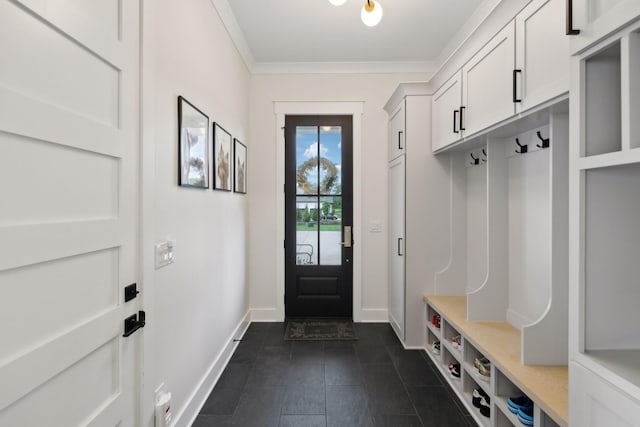 2648 Wilson Overall Rd, Murfreesboro, TN 37127 - mudroom with baseboards, crown molding, and dark tile patterned floors