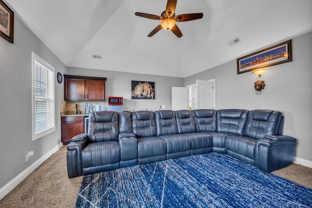 3112 Timberdale Dr, Clarksville, TN 37042 - home theater with carpet floors, ceiling fan, baseboards, and vaulted ceiling