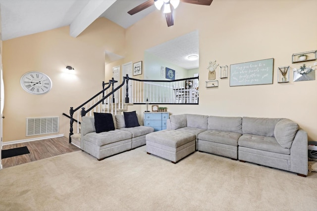 152 Scenic Cir, Ringgold, GA 30736 - living area with ceiling fan, beam ceiling, high vaulted ceiling, wood finished floors, and baseboards