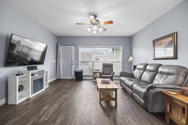 1305 Decatur Cir, Franklin, TN 37067 - living area with a ceiling fan, dark wood-style floors, a fireplace, and baseboards