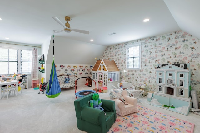 2026 Eliot Rd, Franklin, TN 37064 - game room with vaulted ceiling, ceiling fan, wallpapered walls, healthy amount of natural light, and carpet flooring