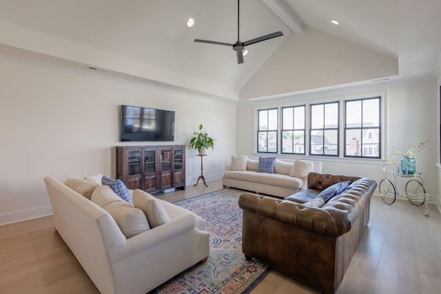 2026 Eliot Rd, Franklin, TN 37064 - living area with beam ceiling, light wood-type flooring, ceiling fan, baseboards, and high vaulted ceiling