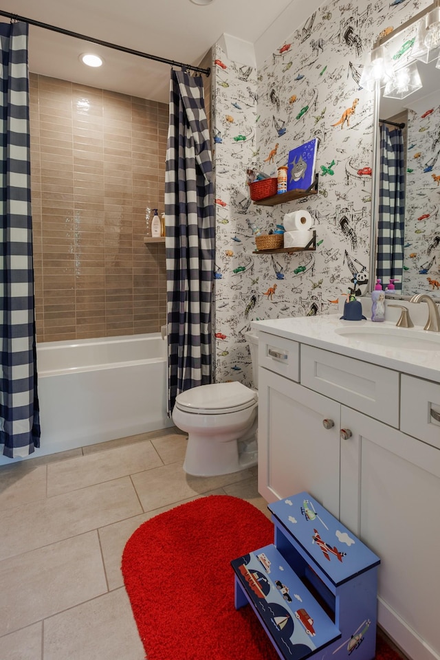 2026 Eliot Rd, Franklin, TN 37064 - full bath featuring tile patterned floors, wallpapered walls, vanity, shower / bathtub combination with curtain, and toilet