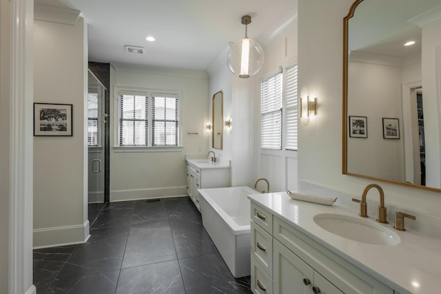 2026 Eliot Rd, Franklin, TN 37064 - bathroom featuring marble finish floors, baseboards, two vanities, a tub to relax in, and recessed lighting