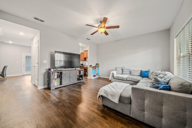 4113 Saddlecreek Way, Antioch, TN 37013 - living room featuring a ceiling fan, dark wood finished floors, baseboards, and recessed lighting