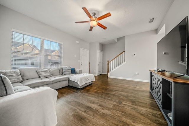 4113 Saddlecreek Way, Antioch, TN 37013 - living area featuring a ceiling fan, stairway, dark wood-type flooring, and baseboards