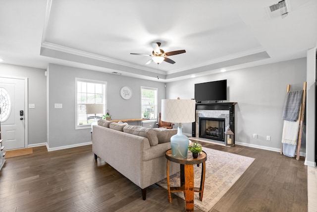 324 Kildeer Dr, Clarksville, TN 37040 - living area featuring a raised ceiling, ornamental molding, a ceiling fan, dark wood finished floors, and a fireplace