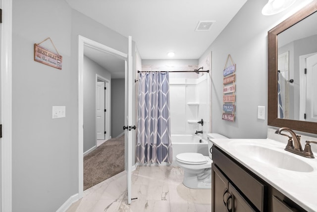 324 Kildeer Dr, Clarksville, TN 37040 - full bathroom featuring vanity, toilet, shower / bath combo with shower curtain, marble finish floors, and baseboards