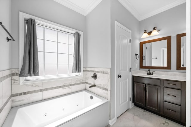 324 Kildeer Dr, Clarksville, TN 37040 - bathroom with a tub with jets, healthy amount of natural light, marble finish floors, vanity, and crown molding