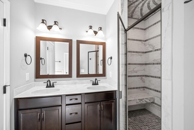 324 Kildeer Dr, Clarksville, TN 37040 - full bathroom with a shower stall, double vanity, and ornamental molding