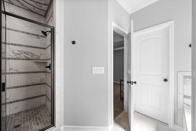 324 Kildeer Dr, Clarksville, TN 37040 - full bathroom with ornamental molding, marble finish flooring, a stall shower, and baseboards