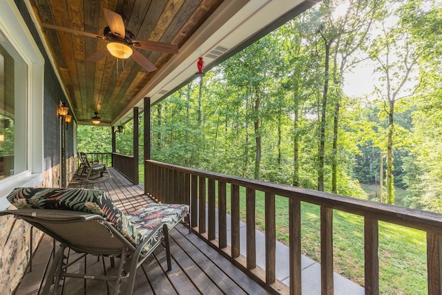 7872 Oscar Green Rd, Primm Springs, TN 38476 - wooden deck with ceiling fan and a view of trees