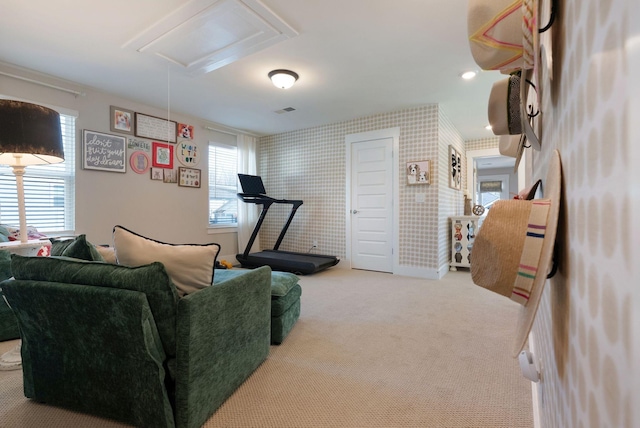 3309 Longstalk Rd, Antioch, TN 37013 - living area with attic access, wallpapered walls, and carpet floors