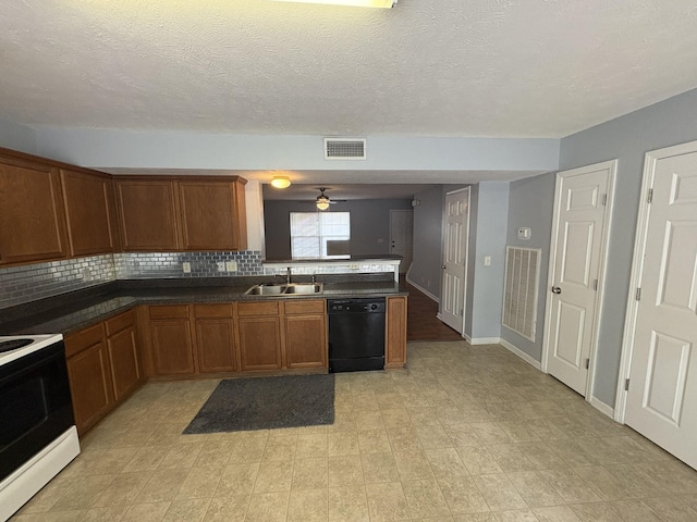 3236 Prater Ct, Murfreesboro, TN 37128 - kitchen with black dishwasher, electric stove, a sink, decorative backsplash, and brown cabinetry