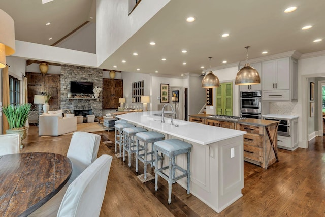 238 Pelham Dr, Brentwood, TN 37027 - kitchen featuring a large island, a fireplace, appliances with stainless steel finishes, recessed lighting, and a breakfast bar