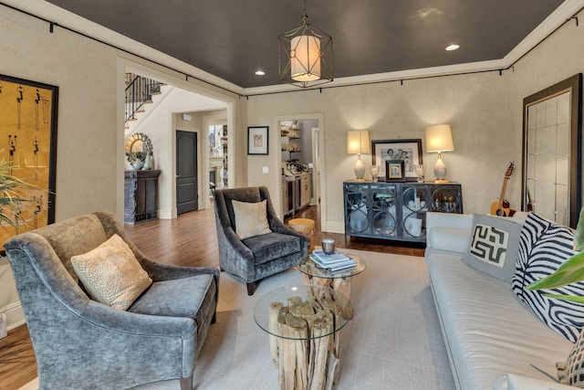 238 Pelham Dr, Brentwood, TN 37027 - living area with wood finished floors, stairs, recessed lighting, and baseboards