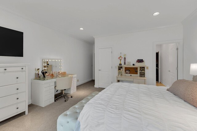238 Pelham Dr, Brentwood, TN 37027 - bedroom with ornamental molding, light carpet, and recessed lighting