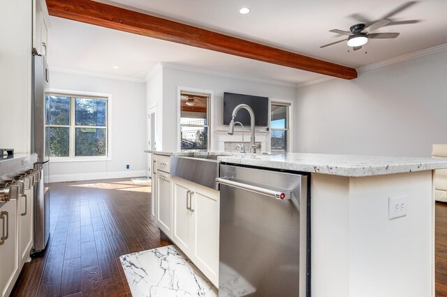 130 Allen Rd, Goodlettsville, TN 37072 - kitchen featuring dishwasher, light stone countertops, dark wood-type flooring, beam ceiling, and an island with sink