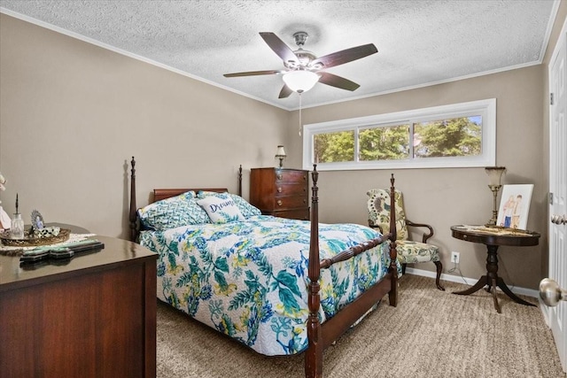 210 Lankford St, Bruceton, TN 38317 - carpeted bedroom featuring baseboards, a textured ceiling, ceiling fan, and ornamental molding