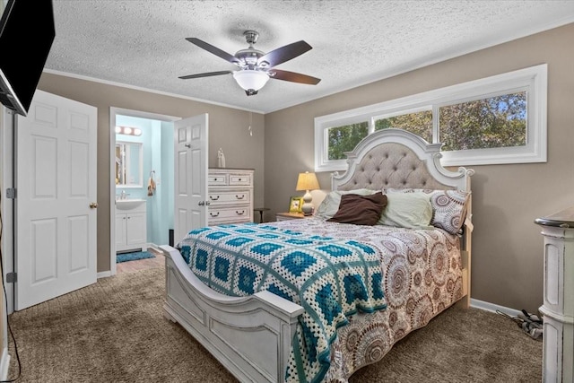 210 Lankford St, Bruceton, TN 38317 - carpeted bedroom with a sink, ensuite bathroom, baseboards, a textured ceiling, and a ceiling fan