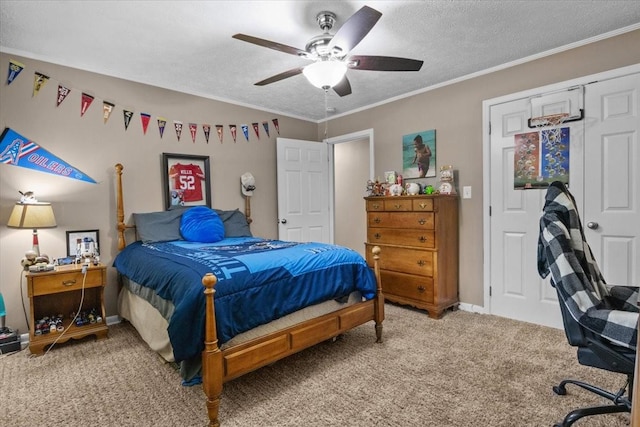 210 Lankford St, Bruceton, TN 38317 - bedroom featuring carpet, ceiling fan, a textured ceiling, crown molding, and baseboards