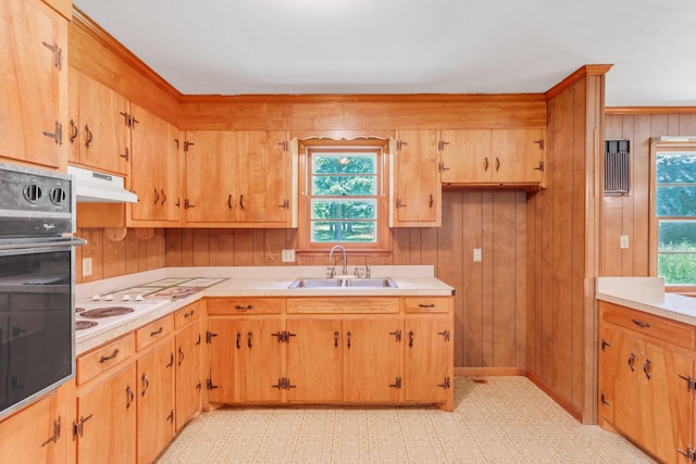 7111 Harrison Dr, Fairview, TN 37062 - kitchen with oven, under cabinet range hood, light countertops, wooden walls, and light flooring