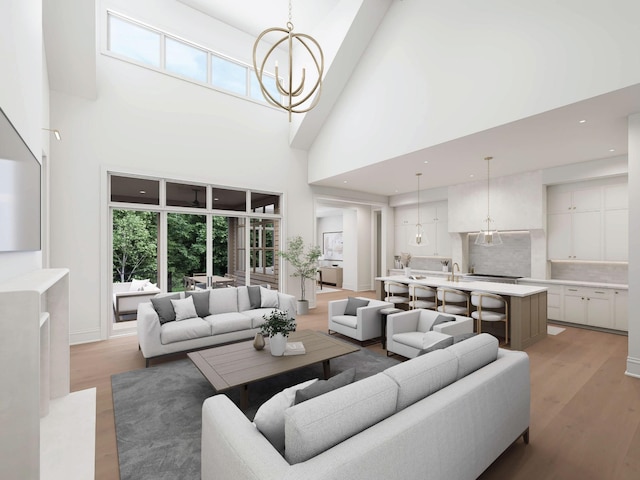 1316 Mcquiddy Rd, Nashville, TN 37221 - living area featuring a chandelier, plenty of natural light, a high ceiling, light wood-style flooring, and recessed lighting