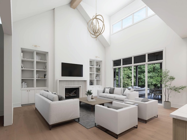 1316 Mcquiddy Rd, Nashville, TN 37221 - living room featuring built in shelves, light wood-type flooring, high vaulted ceiling, a chandelier, and beamed ceiling
