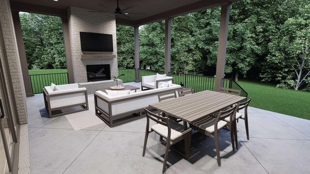 1316 Mcquiddy Rd, Nashville, TN 37221 - view of patio / terrace featuring ceiling fan, an outdoor living space with a fireplace, and outdoor dining space